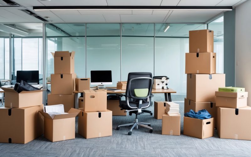 A modern office space with unpacked boxes, symbolizing relocation and transition